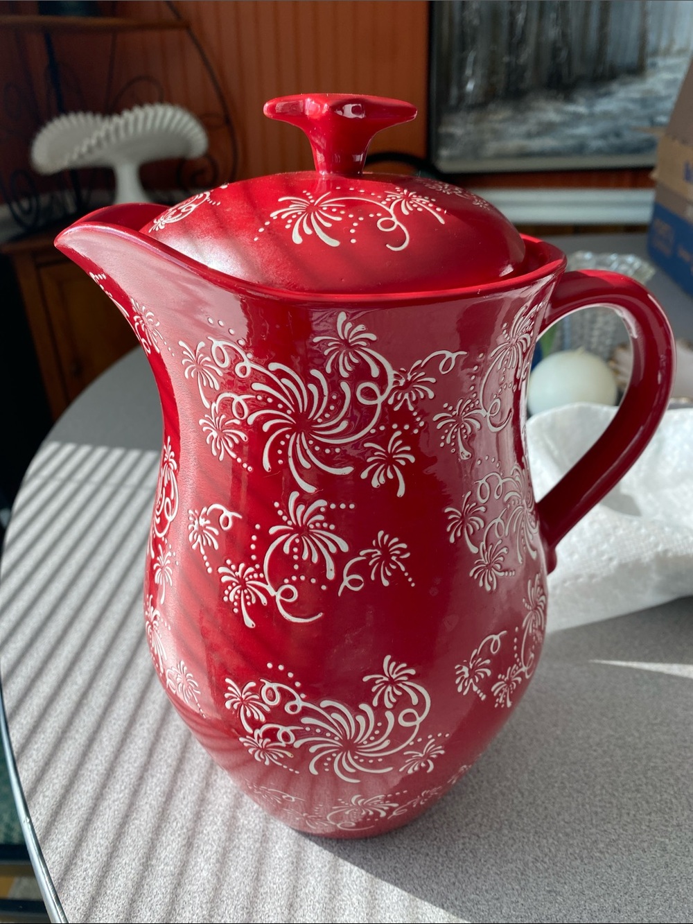 Temp-Tations Red Floral Lace Ceramic Pitcher with Lid